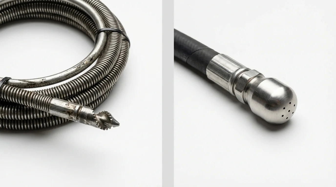 Drain snake cable and hydro jetting nozzle used for drain cleaning in Mound City, KS