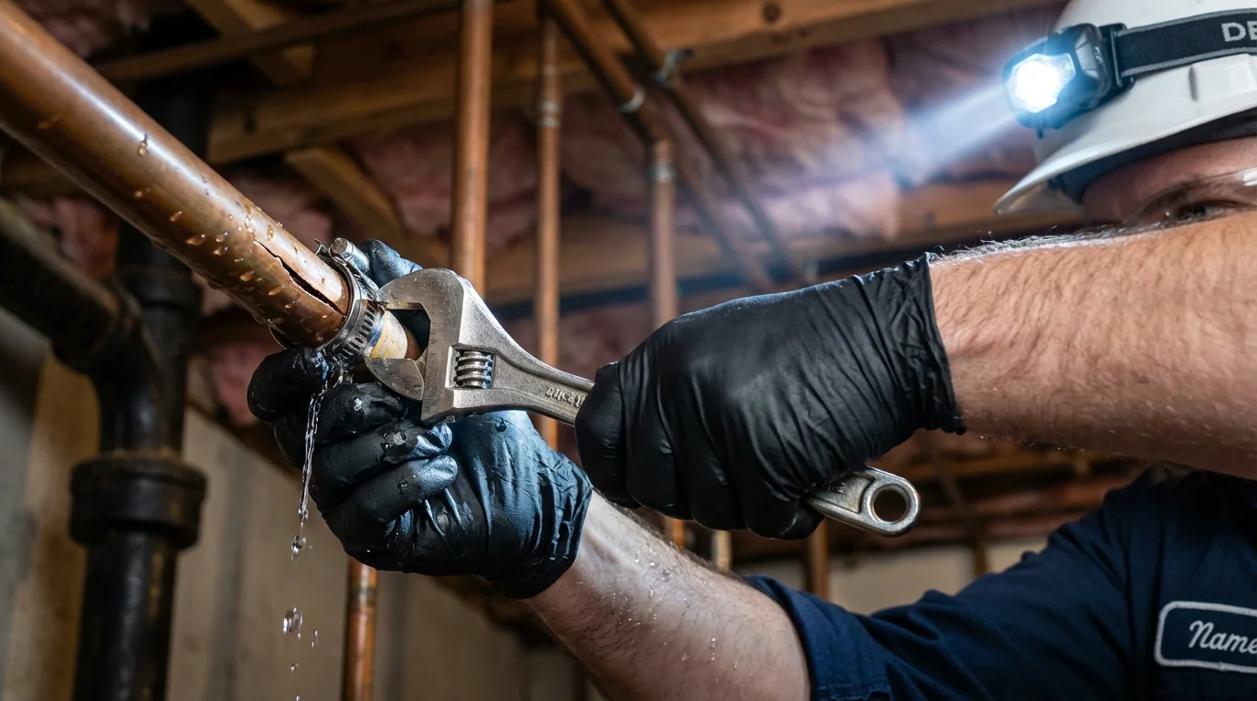Emergency pipe clamp repair being performed by a Johns Plumbing LLC plumber in Mound City