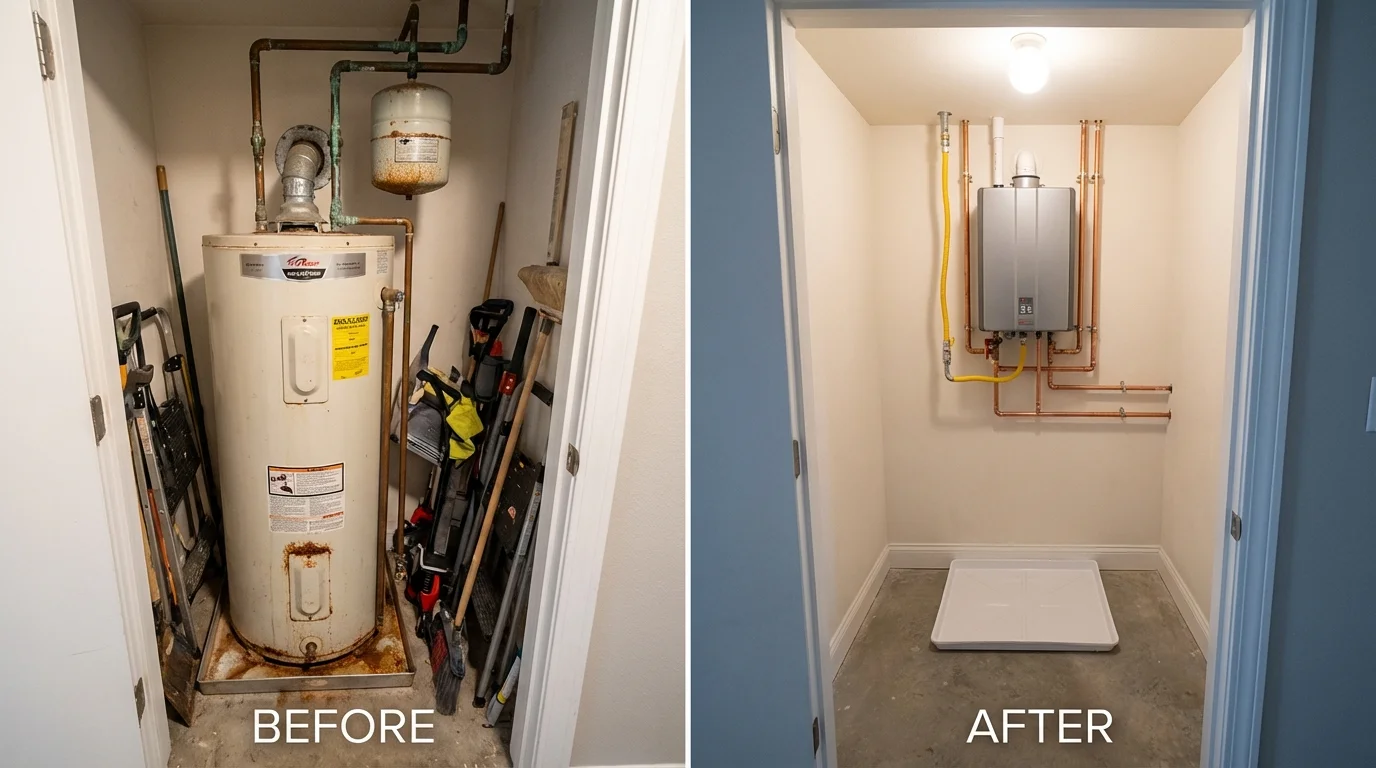 Tank water heater versus wall-mounted tankless unit comparison for Mound City, KS homeowners