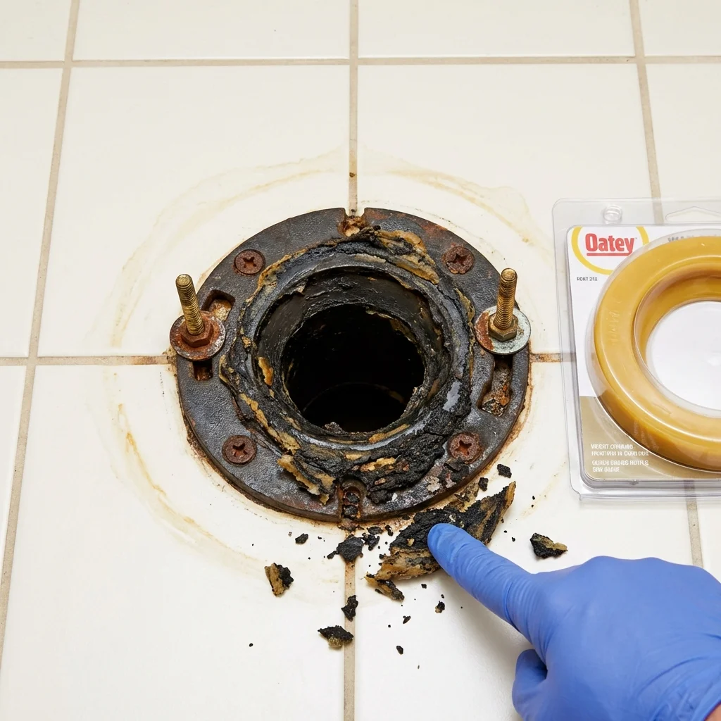 Failed wax ring showing water seepage at the base of a toilet in a Mound City, KS home