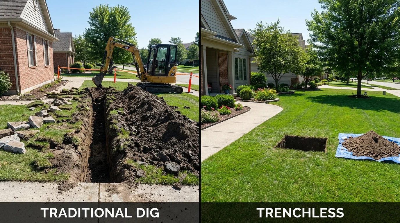 Trenchless sewer repair with minimal yard damage versus traditional excavation in Mound City, KS
