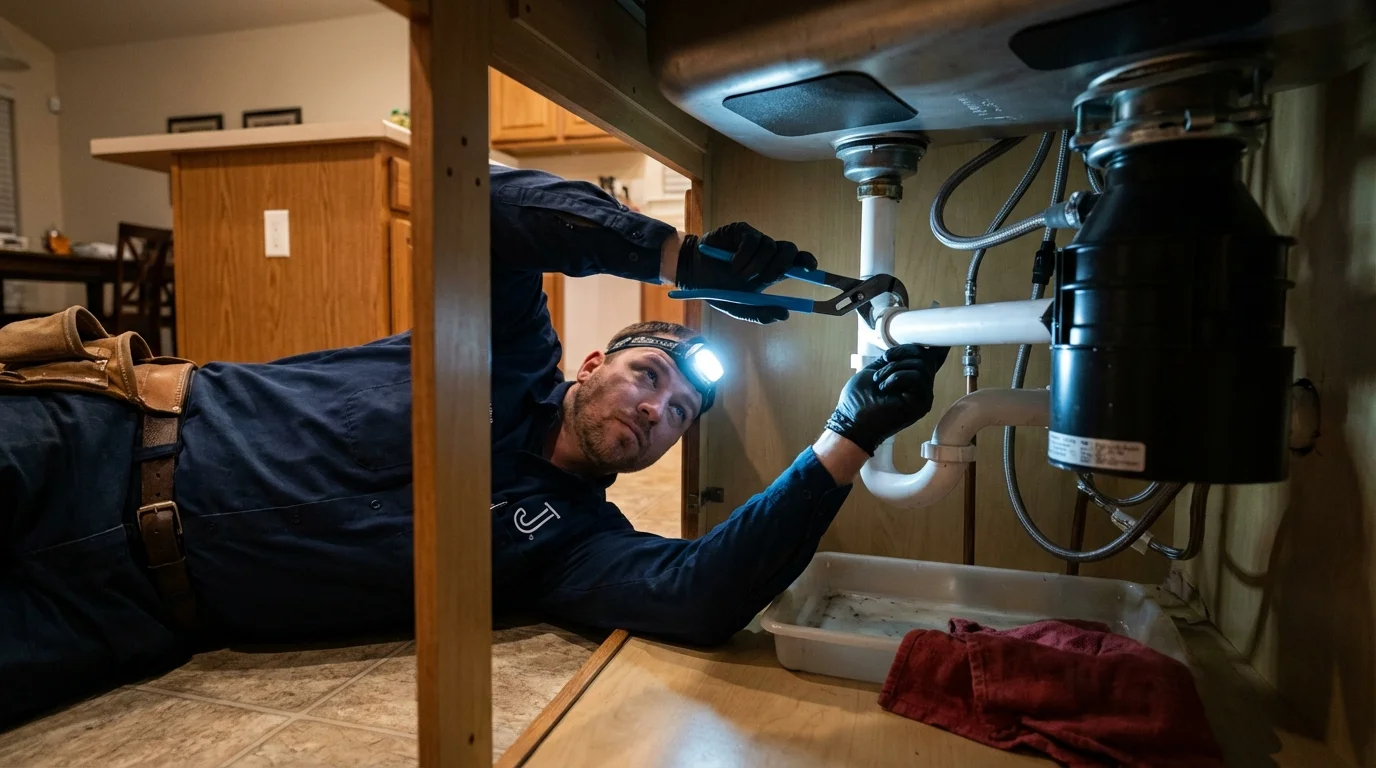P-trap and supply line connections under a kitchen sink showing a common leak point in Mound City, KS